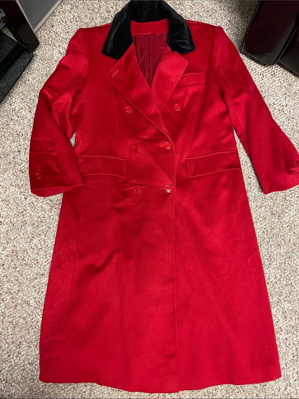 Vintage 100% wool Red Double-Breasted long Coat with velvet Black Collar